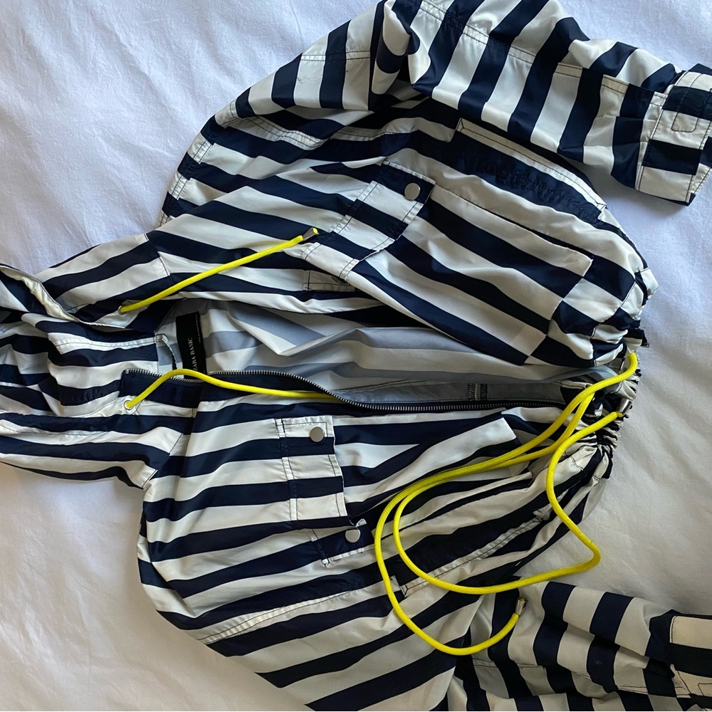 Zara Navy and White Striped Jacket with Yellow Details